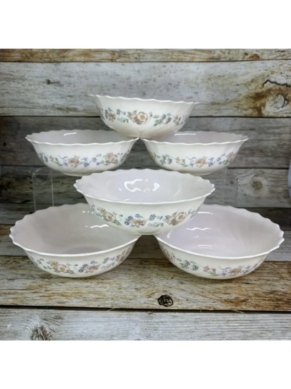 Arcopal CHAMPETRE Pink Blue Flower Ivory Scalloped France Cereal Bowls Set of 6